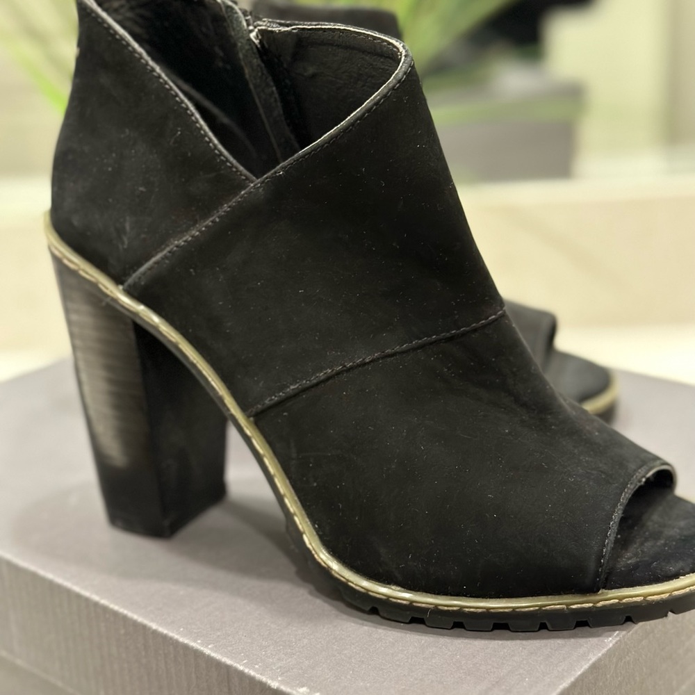 Black suede booties, stacked heel